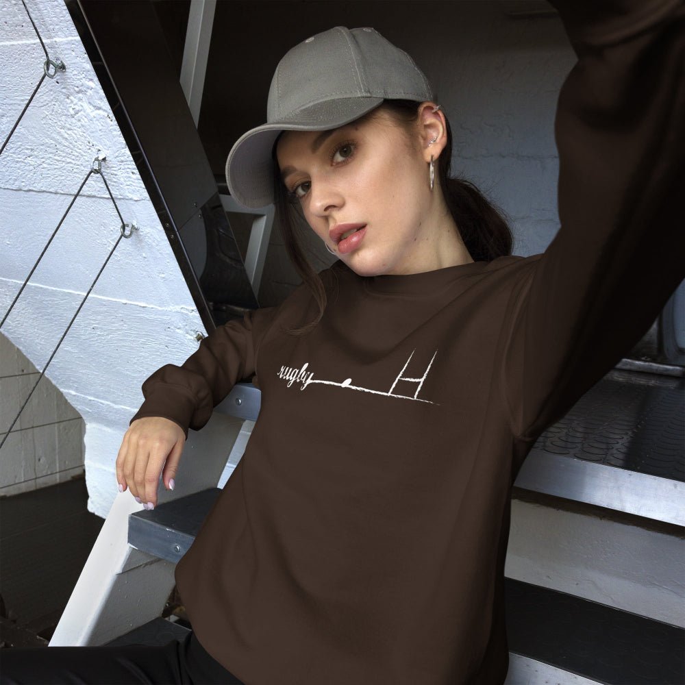 Dark brown women's rugby sweatshirt with minimalist rugby girl goalpost design, casual athletic style. - Rugby Girl