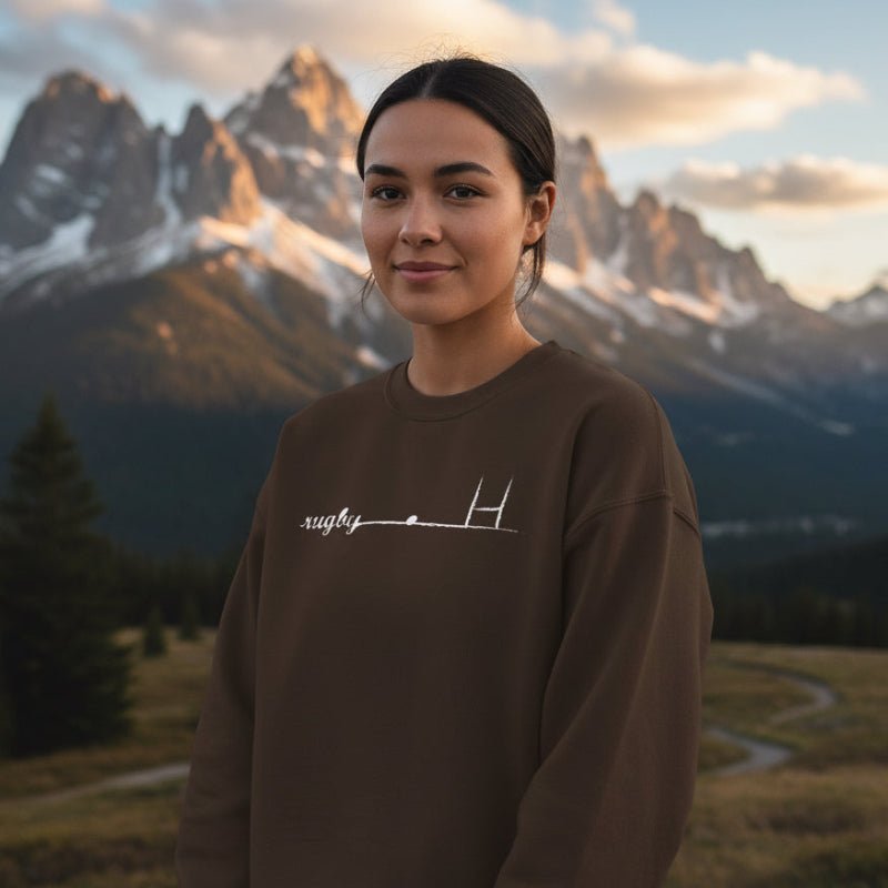 Dark brown women's rugby sweatshirt with minimalist rugby goalpost design, casual rugby apparel. - Rugby Girl