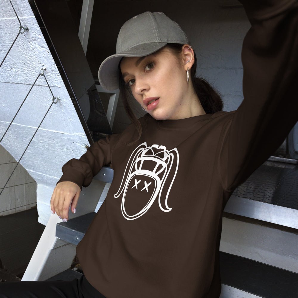 Dark brown women's sweatshirt with bold white rugby girl graphic, casual rugby apparel style. - Rugby Girl