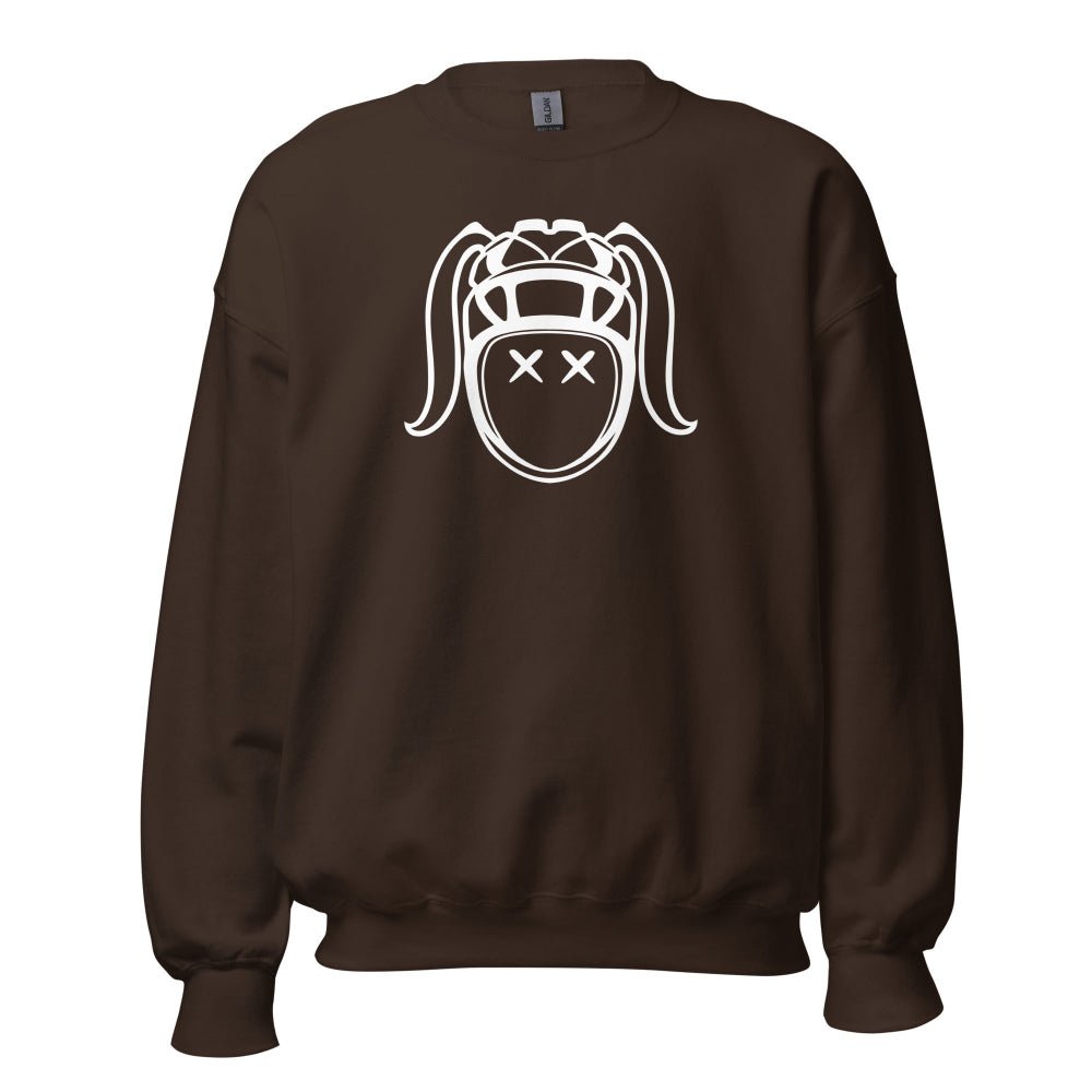 Dark brown women's rugby sweatshirt with bold white harlequin girl graphic, cozy rugby hoodie style. - Rugby Girl
