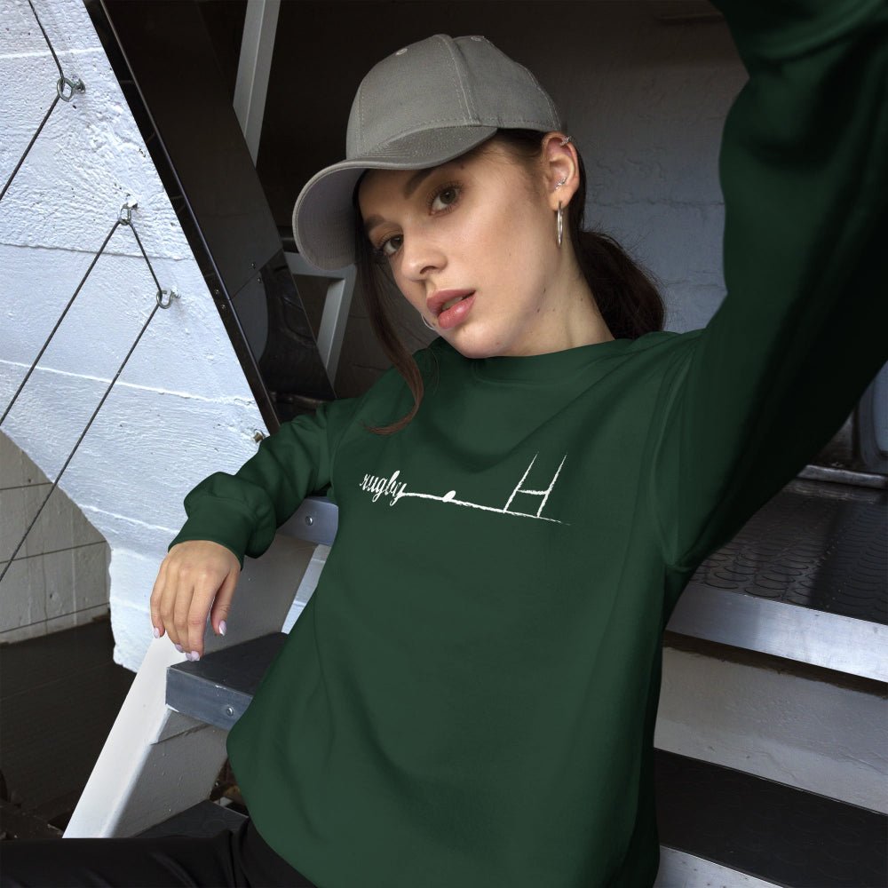 Dark green women's rugby sweatshirt with minimalist rugby goalpost graphic, casual sporty style. - Rugby Girl