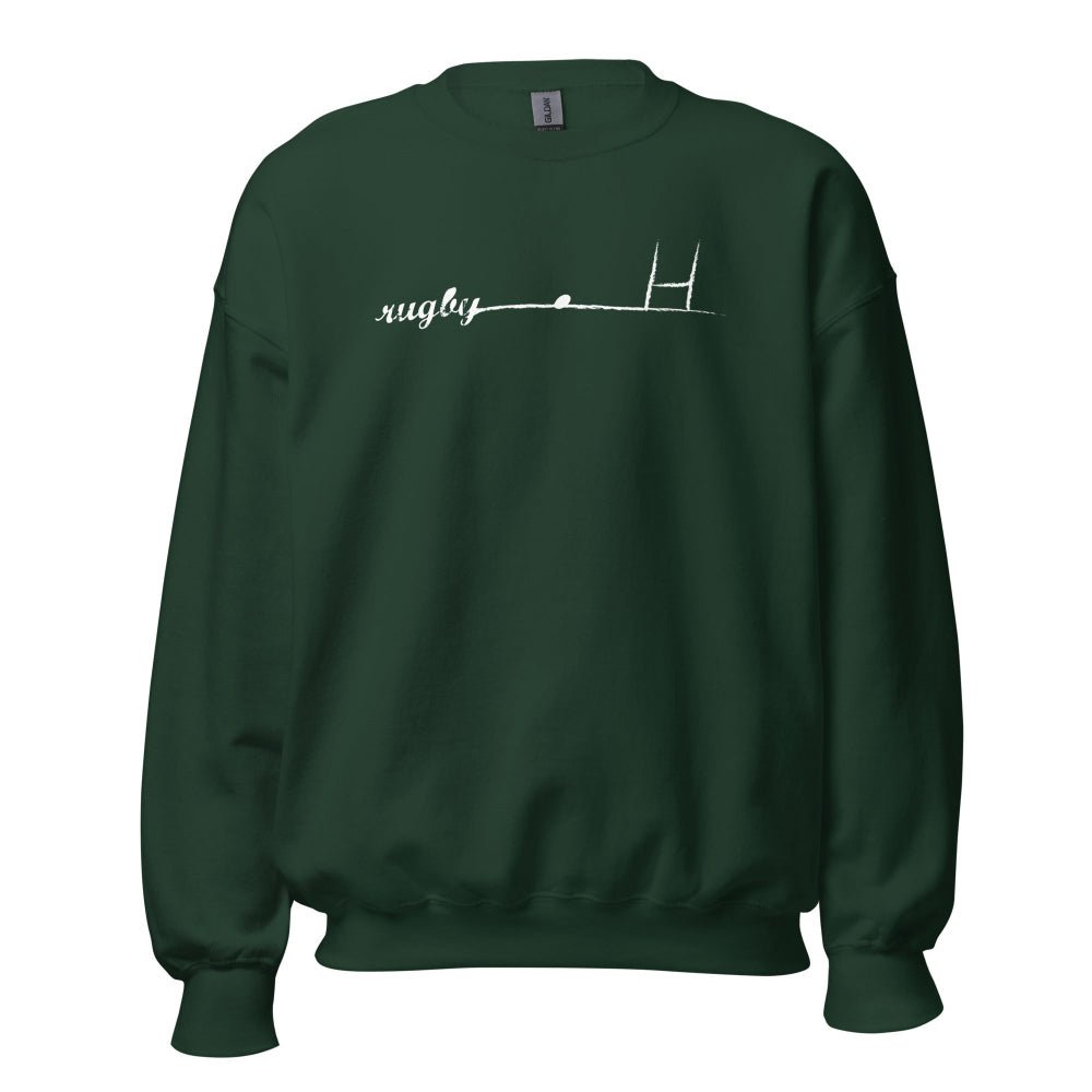 Dark green women's rugby sweatshirt with minimalist white rugby goalpost and script design, casual rugby apparel ideal for. - Rugby Girl