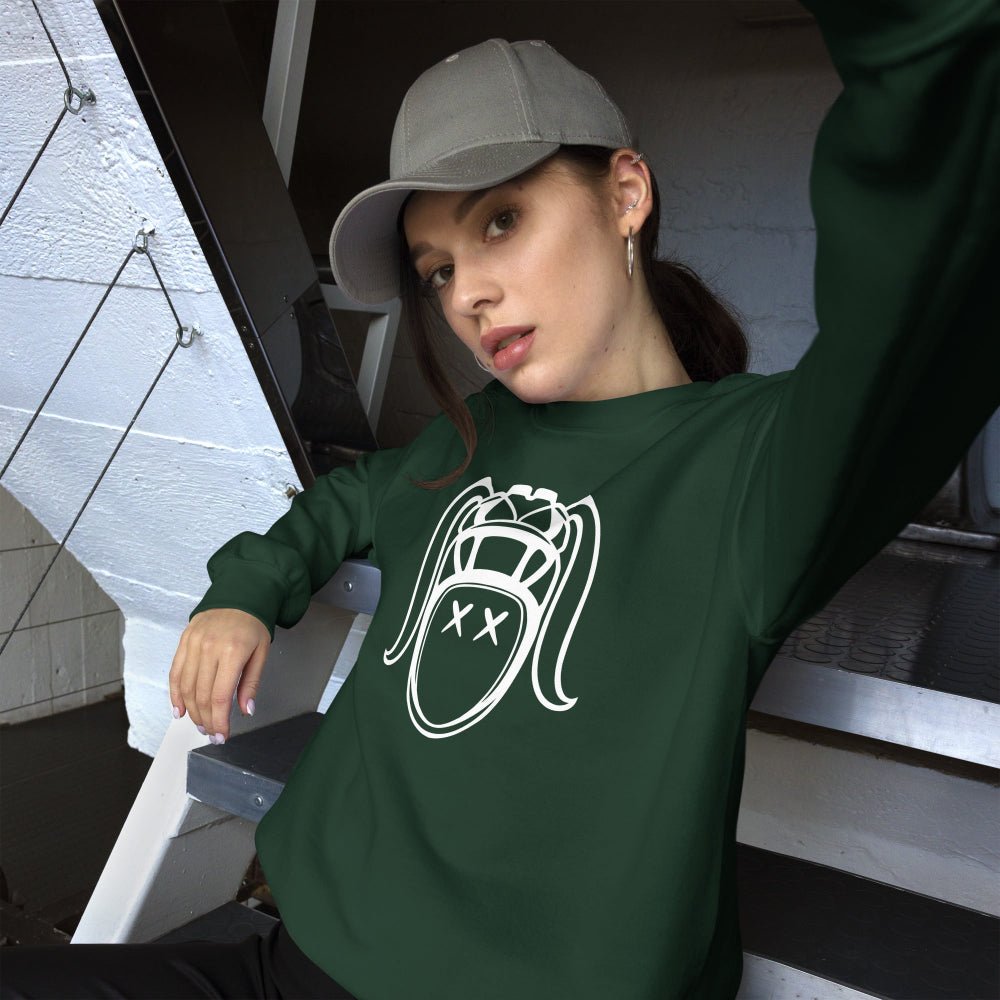 Dark green women's rugby sweatshirt with bold white graphic, casual rugby apparel for fans and players. - Rugby Girl