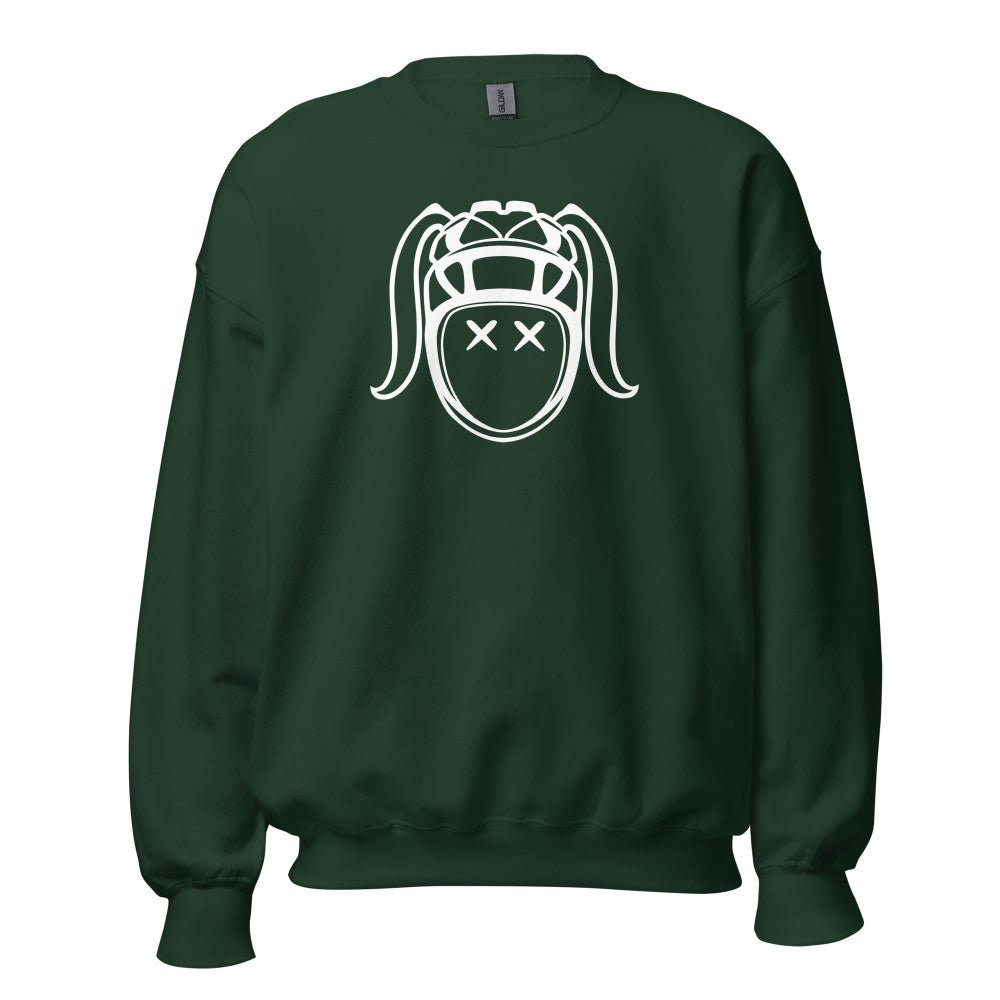 Dark green women's rugby sweatshirt featuring a bold white harlequin rugby girl face graphic. - Rugby Girl