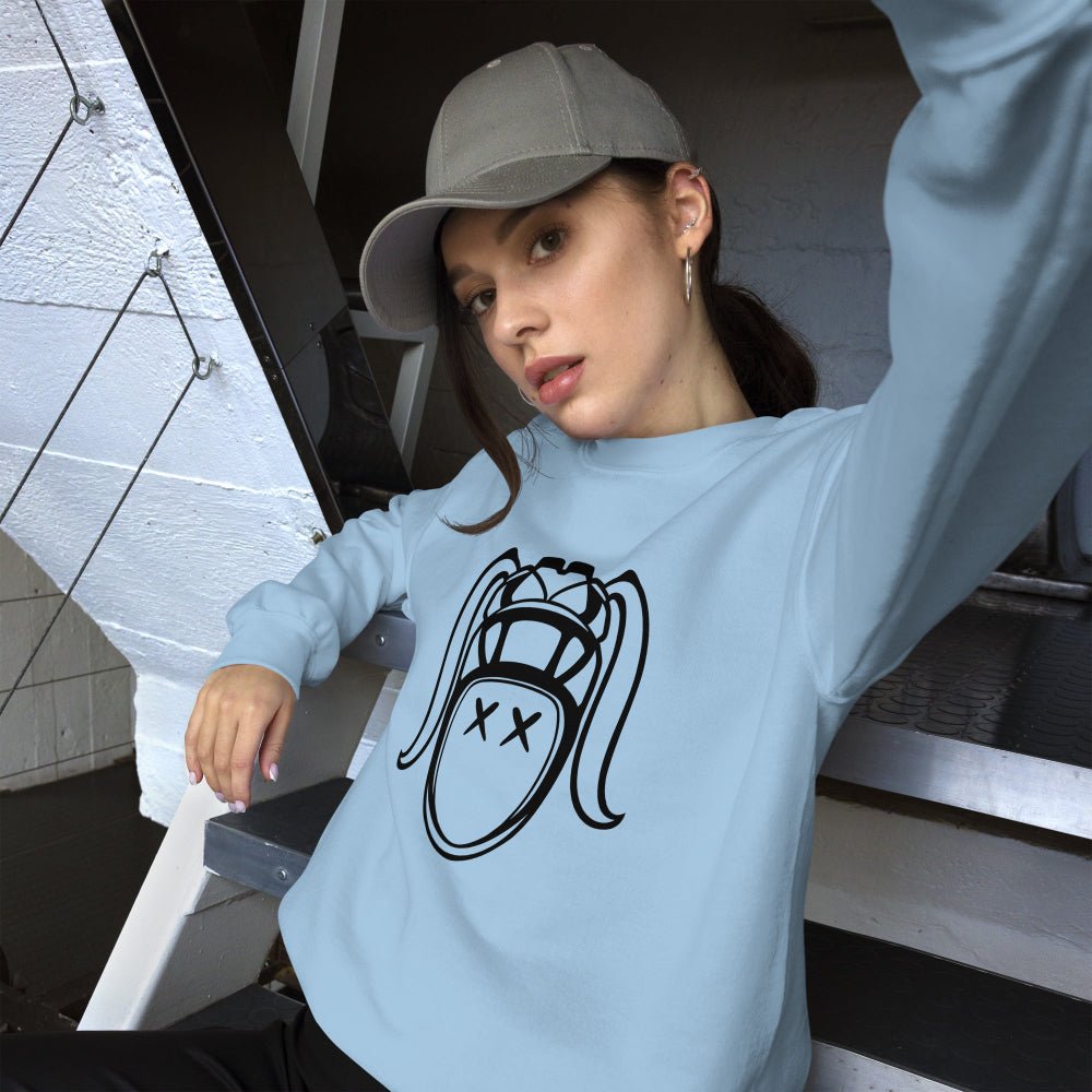 Carolina blue women's rugby sweatshirt with bold black harlequin girl graphic, casual sporty style. - Rugby Girl