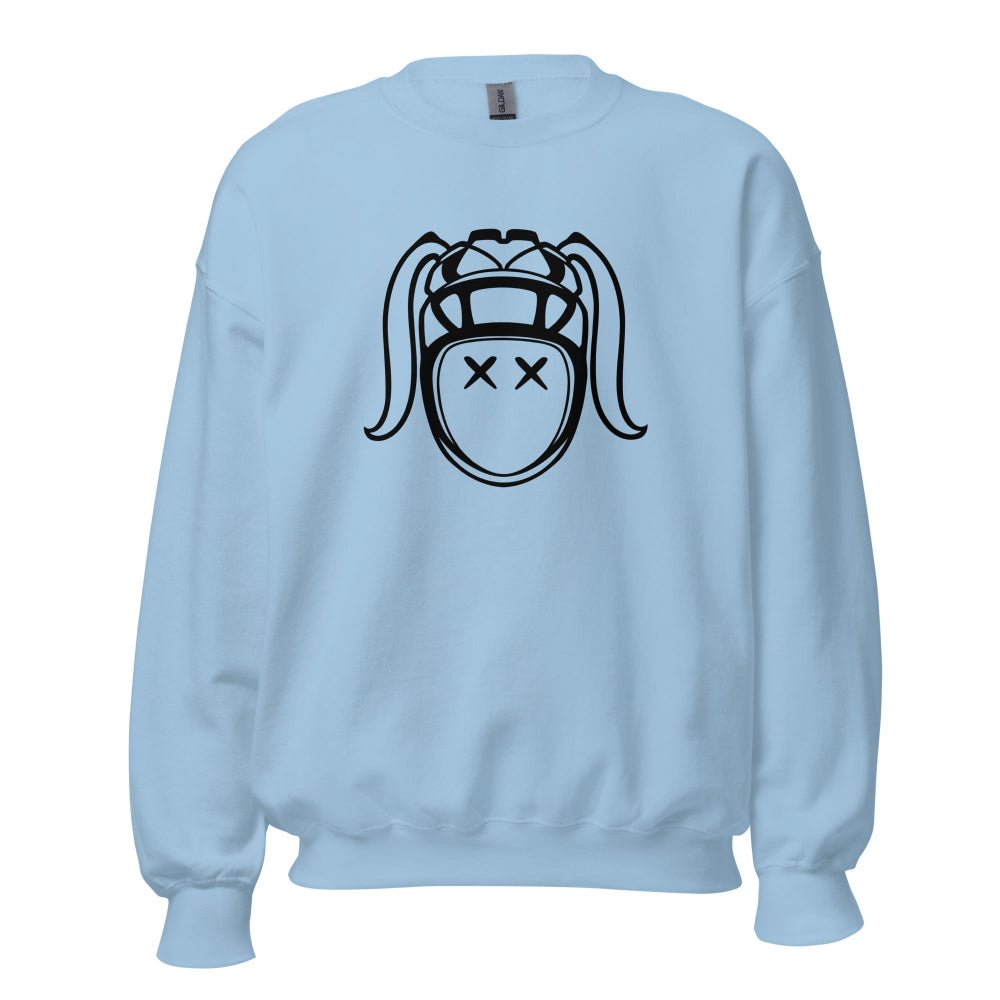 Carolina blue women's rugby sweatshirt featuring bold black rugby girl graphic, casual rugby apparel ideal for fans and players. - Rugby Girl