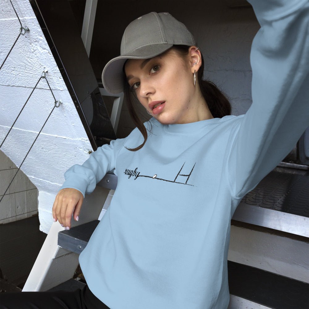 Light blue women's rugby sweatshirt with minimalist rugby goalpost line art, casual rugby apparel style. - Rugby Girl