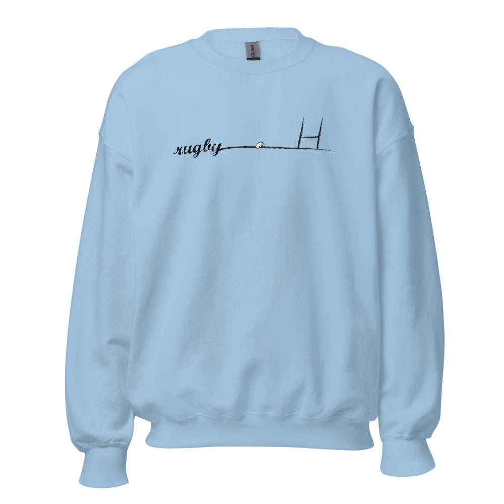 Light blue women's rugby sweatshirt with minimalist rugby goalpost graphic and script text. - Rugby Girl