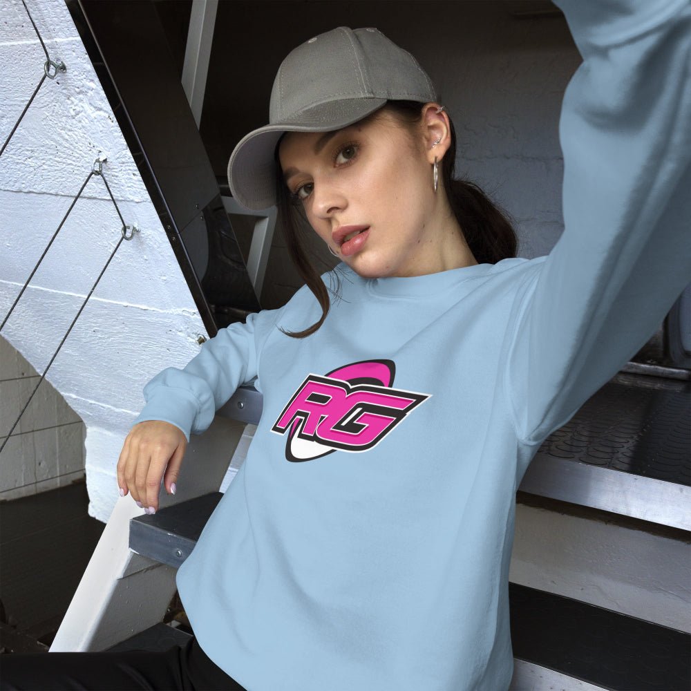 Light blue women's rugby sweatshirt with bold RG logo, casual sporty style for rugby girls and fans. - Rugby Girl
