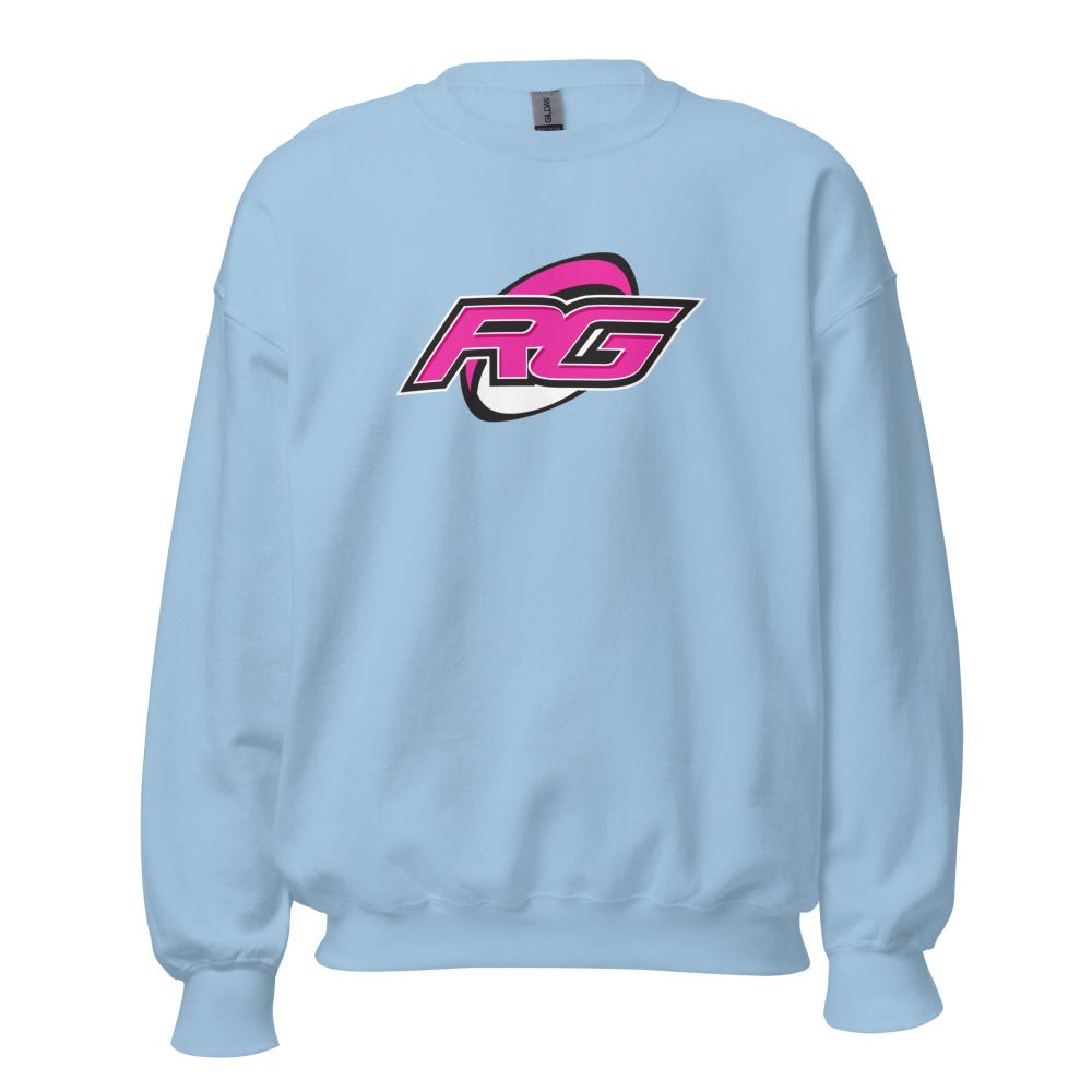 Light blue women's rugby sweatshirt with bold pink and black RG logo, sporty and casual rugby apparel for women. - Rugby Girl