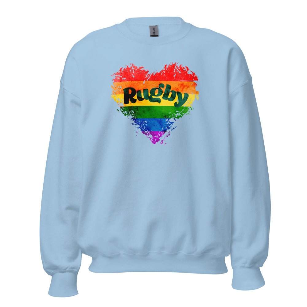 Light blue women's rugby sweatshirt with a rainbow heart and black "Rugby" text, casual rugby apparel. - Rugby Girl