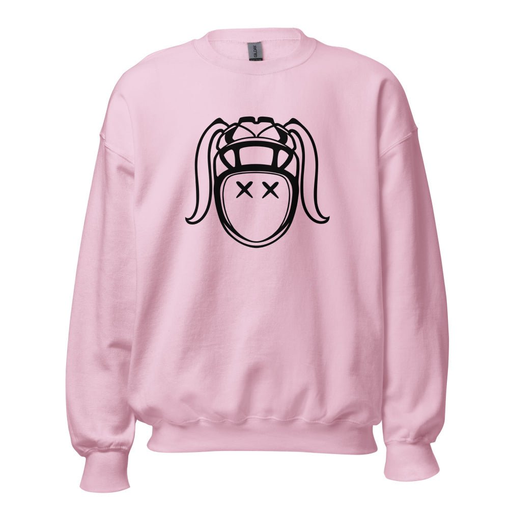 Light pink women's rugby sweatshirt with bold black rugby girl graphic on front, casual rugby apparel. - Rugby Girl
