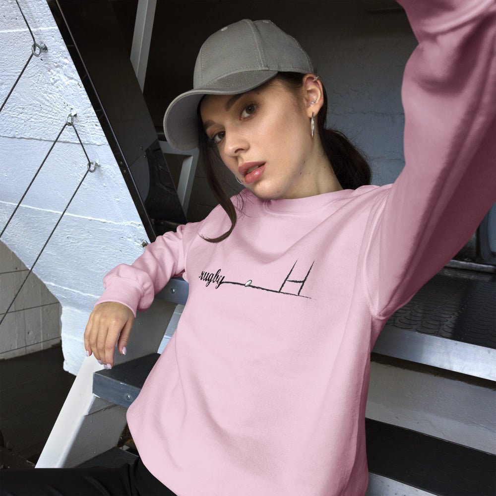 Light pink women's rugby sweatshirt with minimalist rugby goalpost line design, casual fit for rugby girls and fans. - Rugby Girl