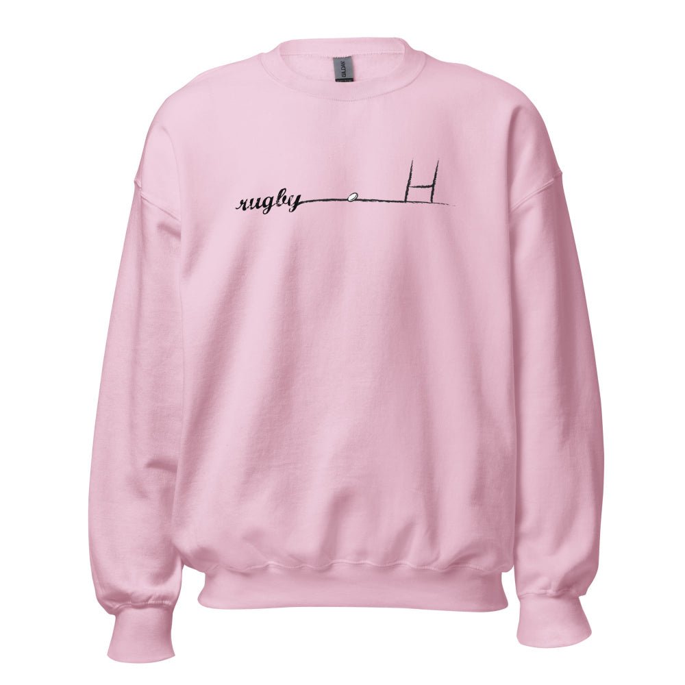 Light pink women's rugby sweatshirt with minimalist goalpost graphic and "rugby" text, casual rugby apparel. - Rugby Girl