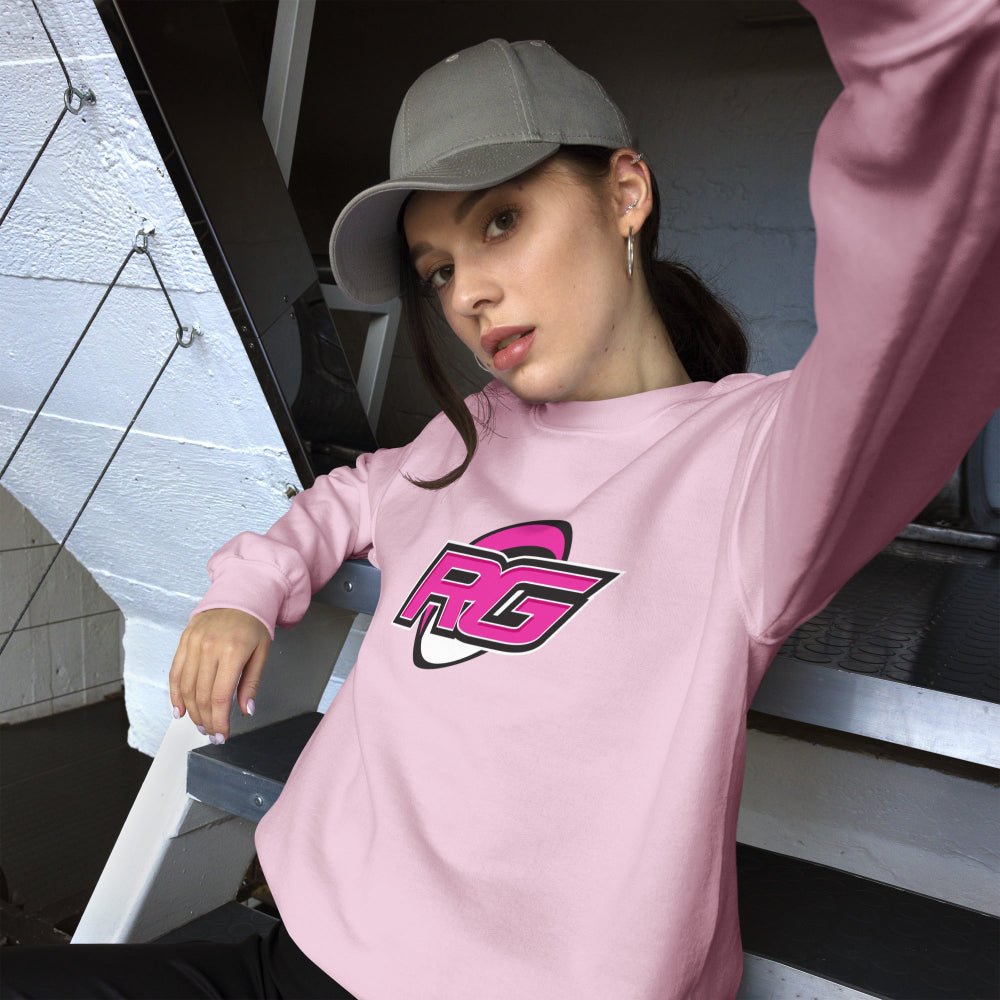 Light pink women's rugby sweatshirt with bold RG Impact logo, casual rugby apparel for rugby girls and fans. - Rugby Girl
