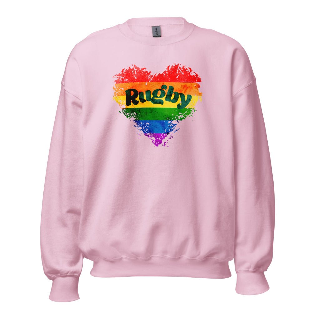 Light pink women's rugby sweatshirt with rainbow heart and Rugby text, pride design, leisure wear. - Rugby Girl