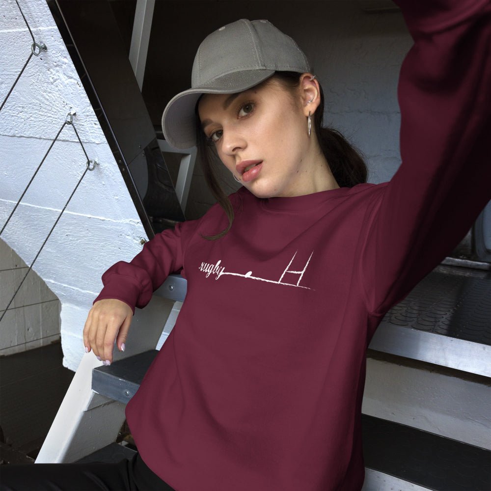 Maroon women's rugby sweatshirt with minimalist goalpost design, casual rugby hoodie style. - Rugby Girl