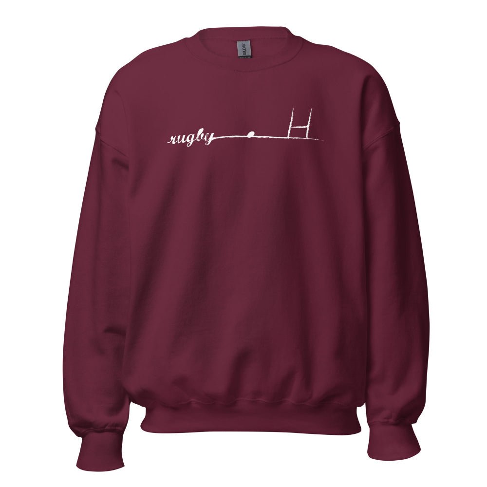 Women's maroon rugby sweatshirt with minimalist goalpost graphic and "rugby" script design. - Rugby Girl