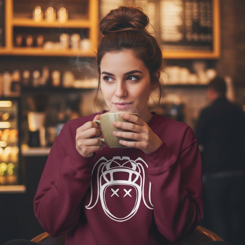 Maroon women's rugby sweatshirt with bold white harlequin rugby girl graphic, casual rugby apparel. - Rugby Girl