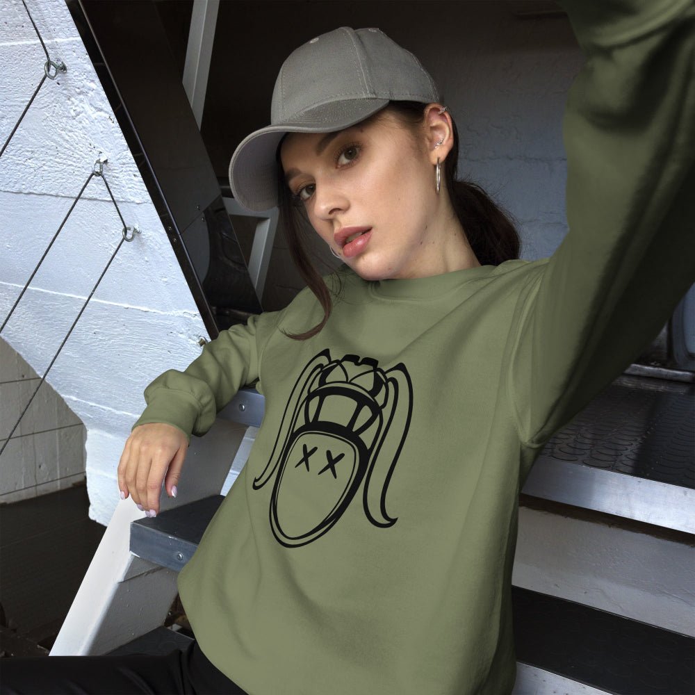 Military green women's rugby sweatshirt with bold graphic face print, casual rugby girl style. - Rugby Girl