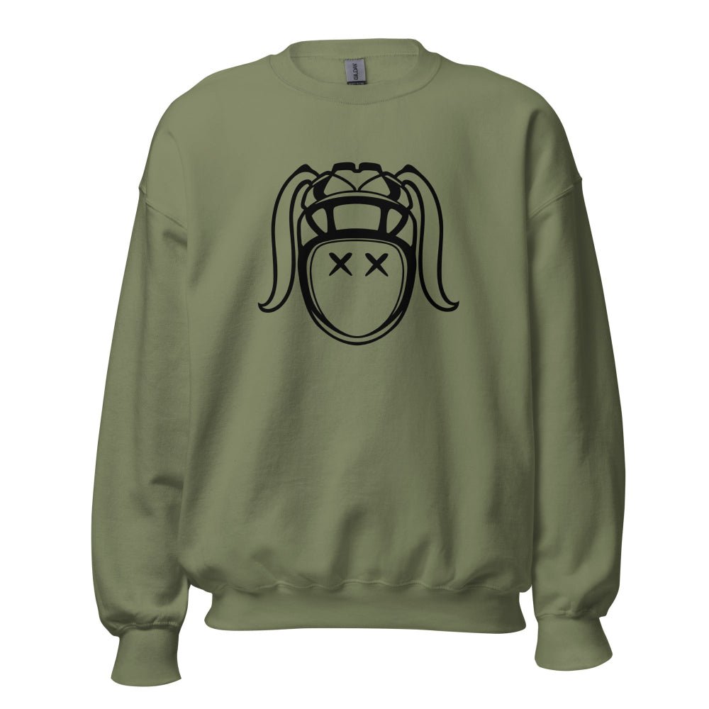 Military green women's rugby sweatshirt with bold black graphic of crossed-out eyes rugby girl design. - Rugby Girl