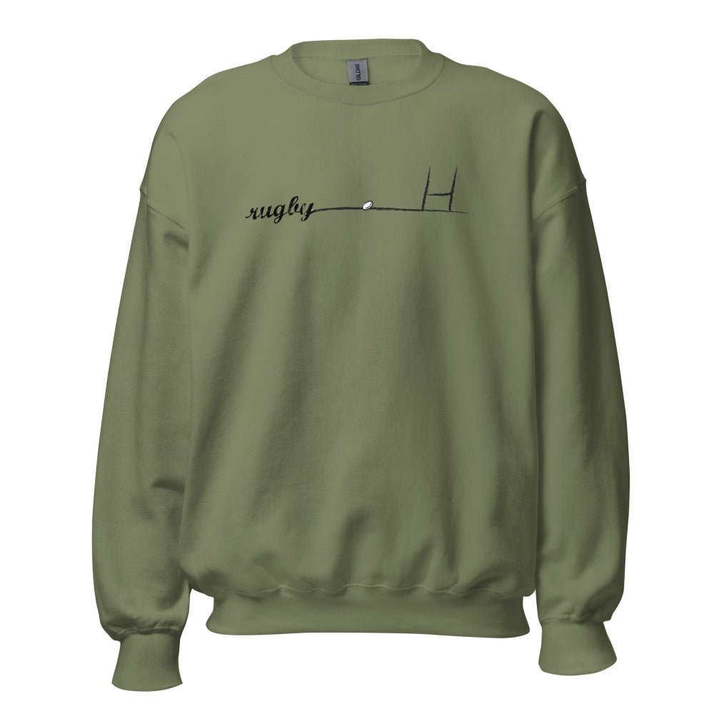 Women's rugby hoodie in military green with minimalist rugby goalpost and ball graphic, casual rugby apparel for fans and. - Rugby Girl