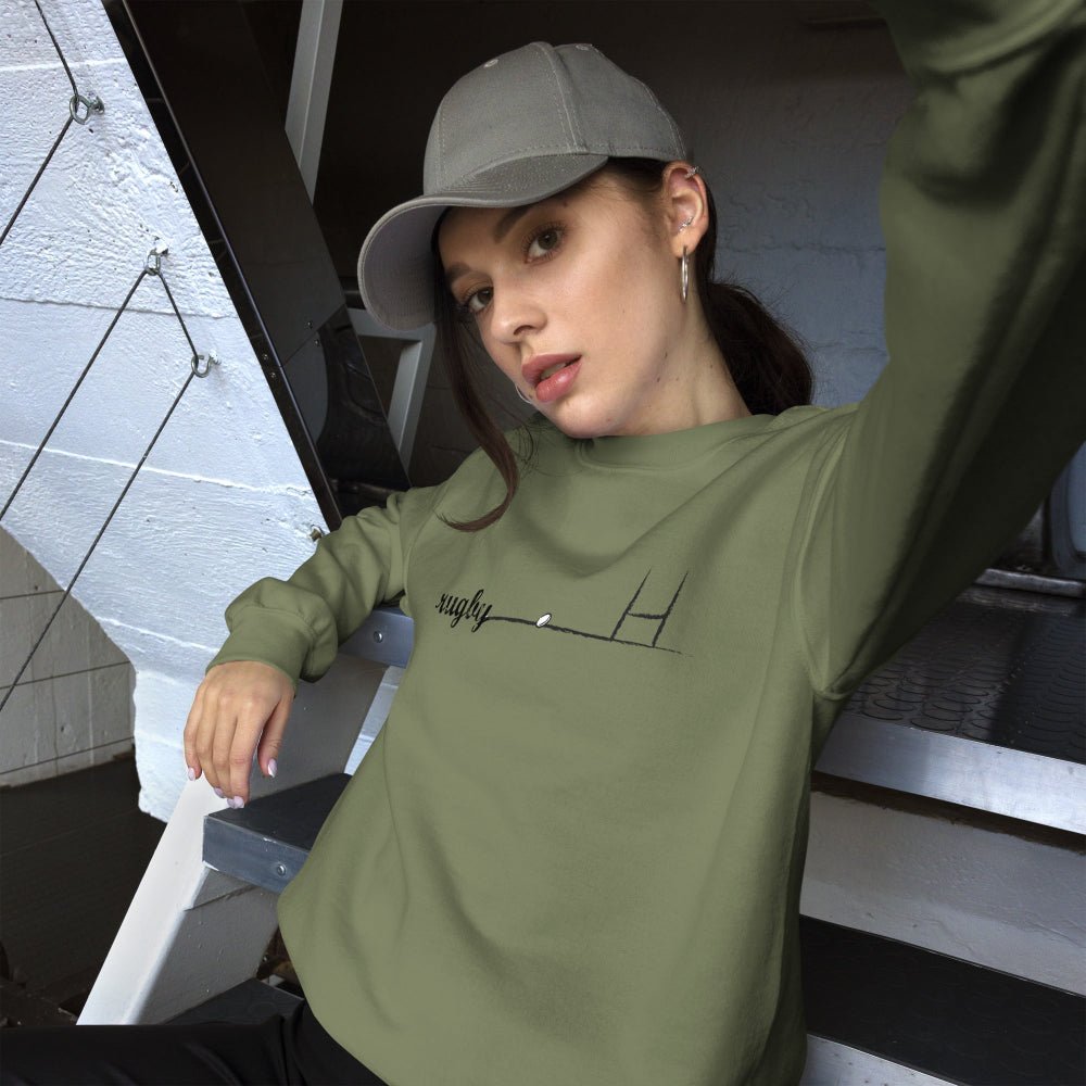 Military green women's rugby hoodie with graphic goalpost design, casual rugby girl style. - Rugby Girl