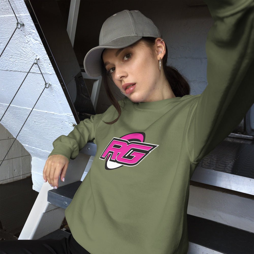Military green women's rugby sweatshirt with bold pink RG logo, casual sporty style for rugby girls. - Rugby Girl
