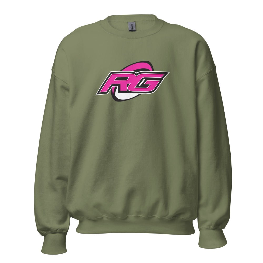 Military green women's rugby sweatshirt with bold pink and white RG logo, casual rugby apparel. - Rugby Girl