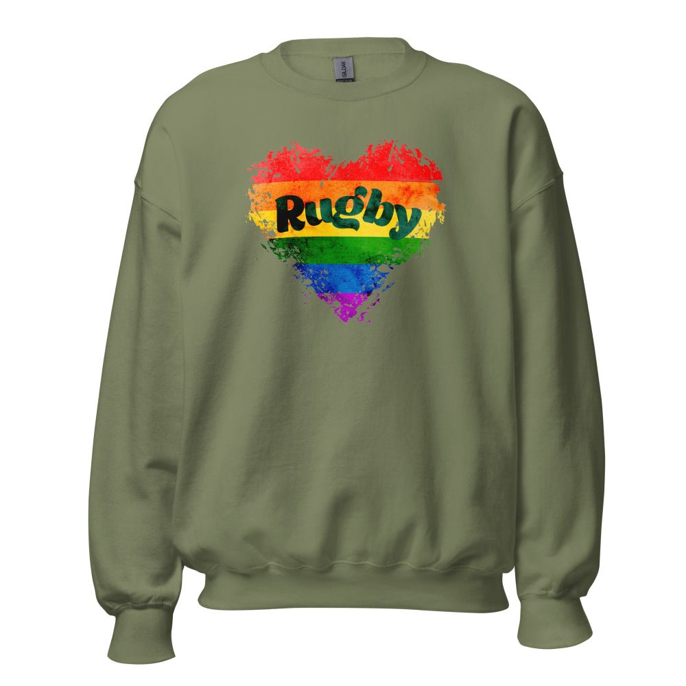 Olive green women's rugby sweatshirt with rainbow heart and bold "Rugby" text, casual rugby apparel. - Rugby Girl