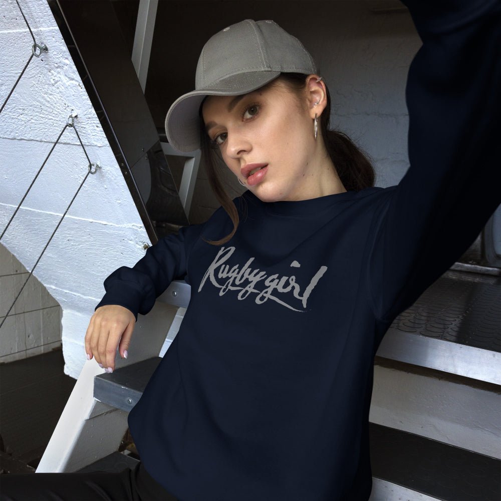 Navy women's rugby sweatshirt with "Rugby girl" script, sporty and casual rugby apparel style. - Rugby Girl