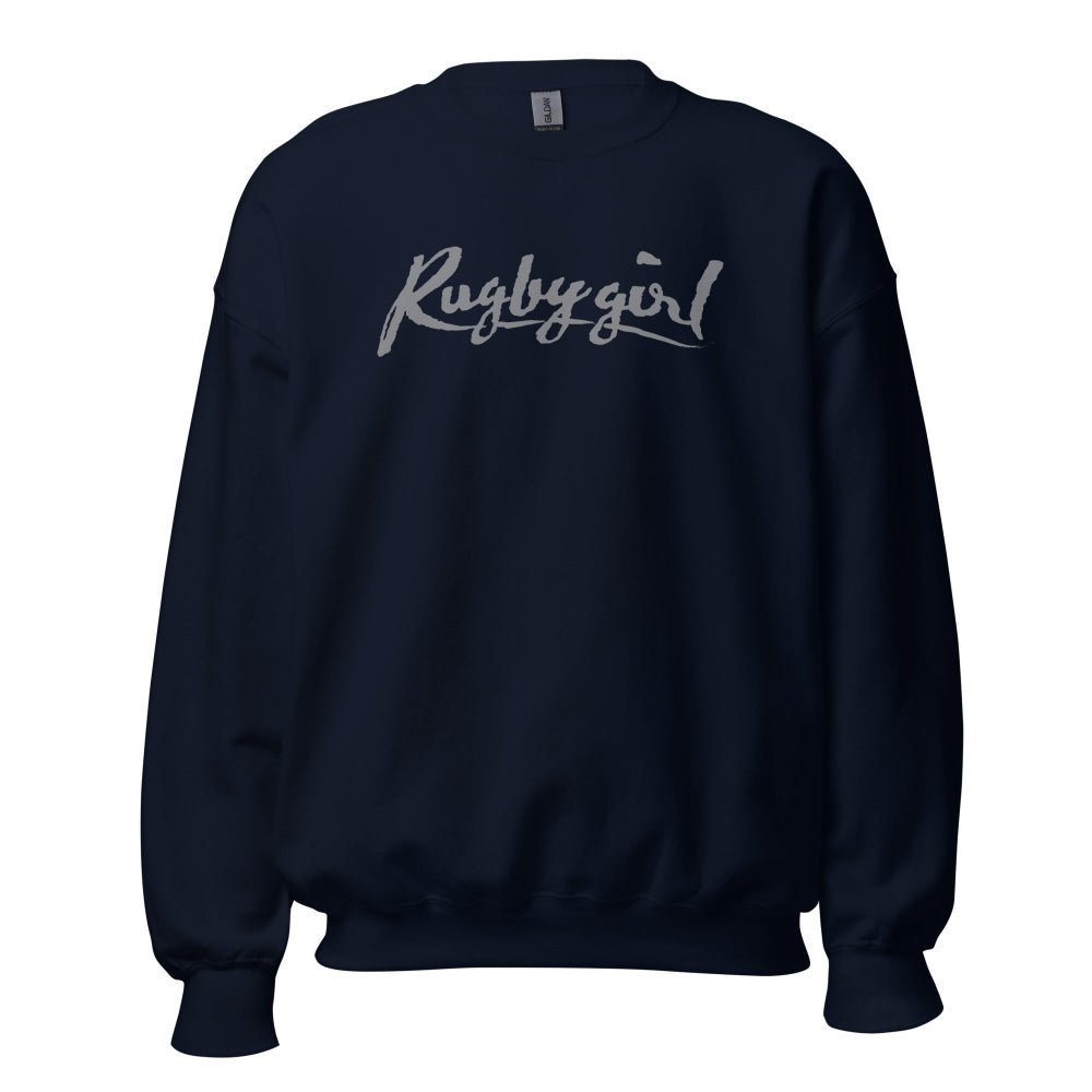 Navy women's rugby sweatshirt with "Rugby girl" script, casual rugby apparel design. - Rugby Girl