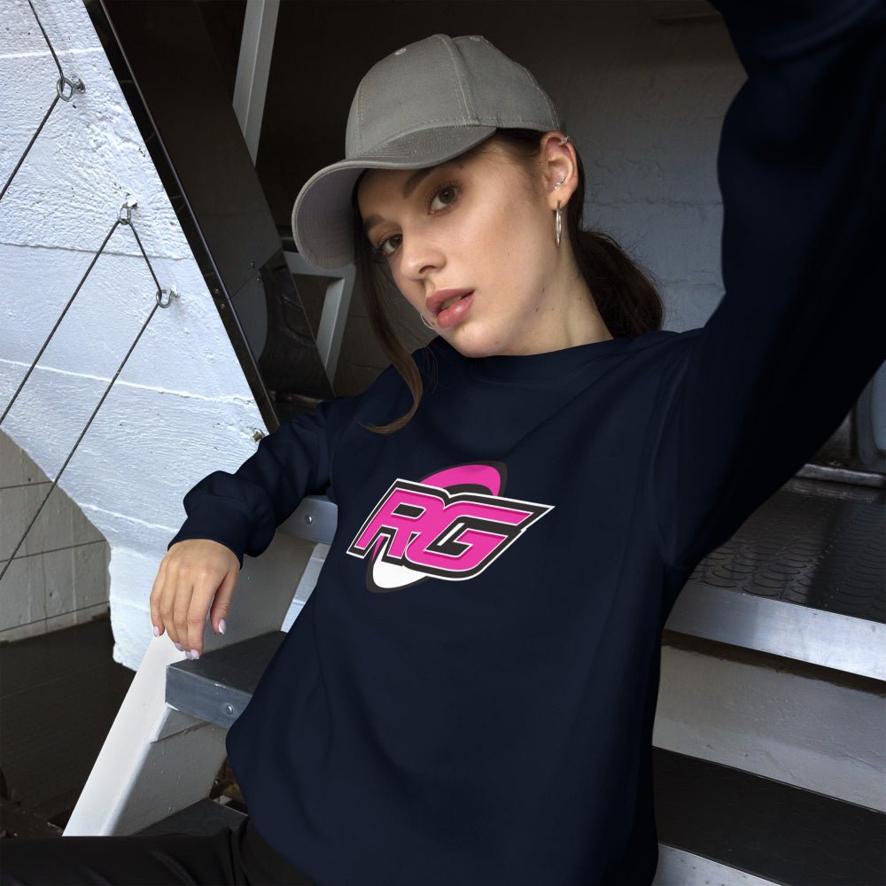 Navy women's rugby sweatshirt with bold pink and white RG logo, casual rugby girl style. - Rugby Girl