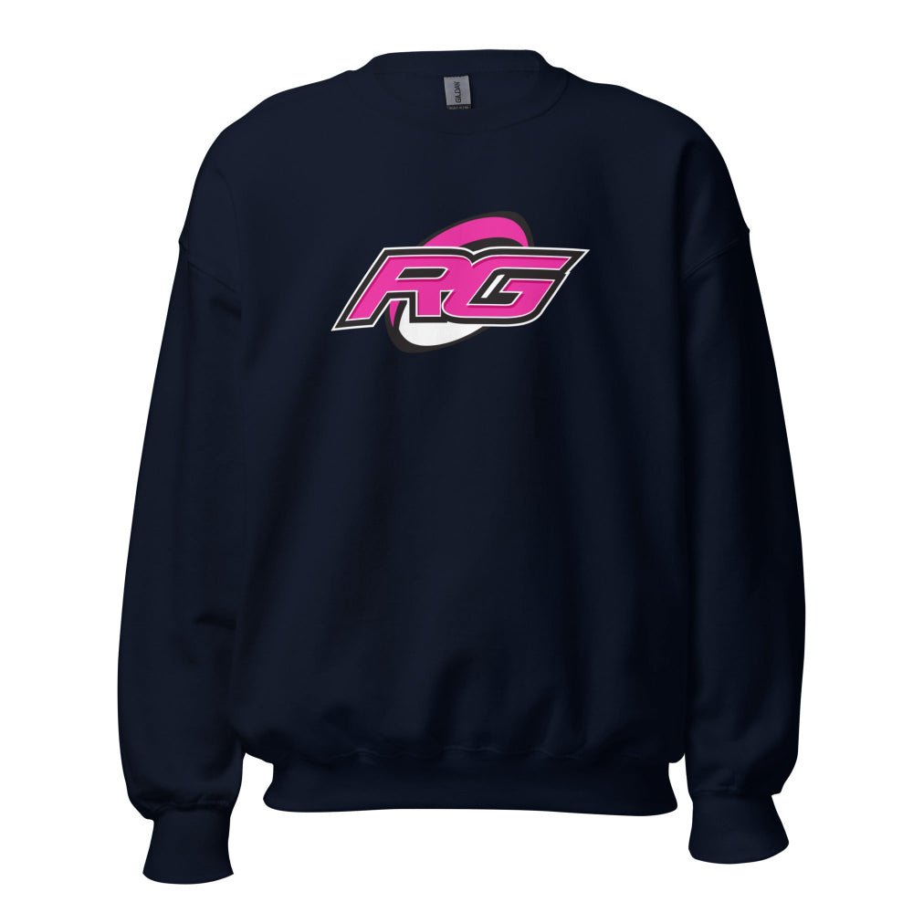 Navy women's rugby sweatshirt with bold pink and white RG Impact logo, perfect rugby gift. - Rugby Girl