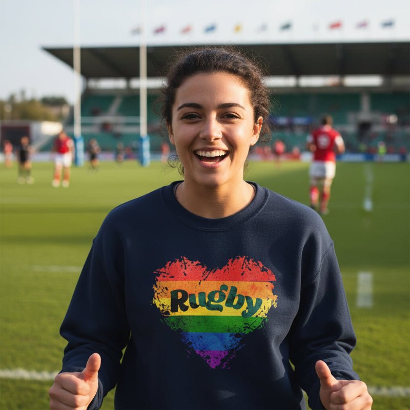 Navy women's rugby sweatshirt with bold rainbow heart and Rugby Girl Pride Love graphic, casual sportswear for fans. - Rugby Girl