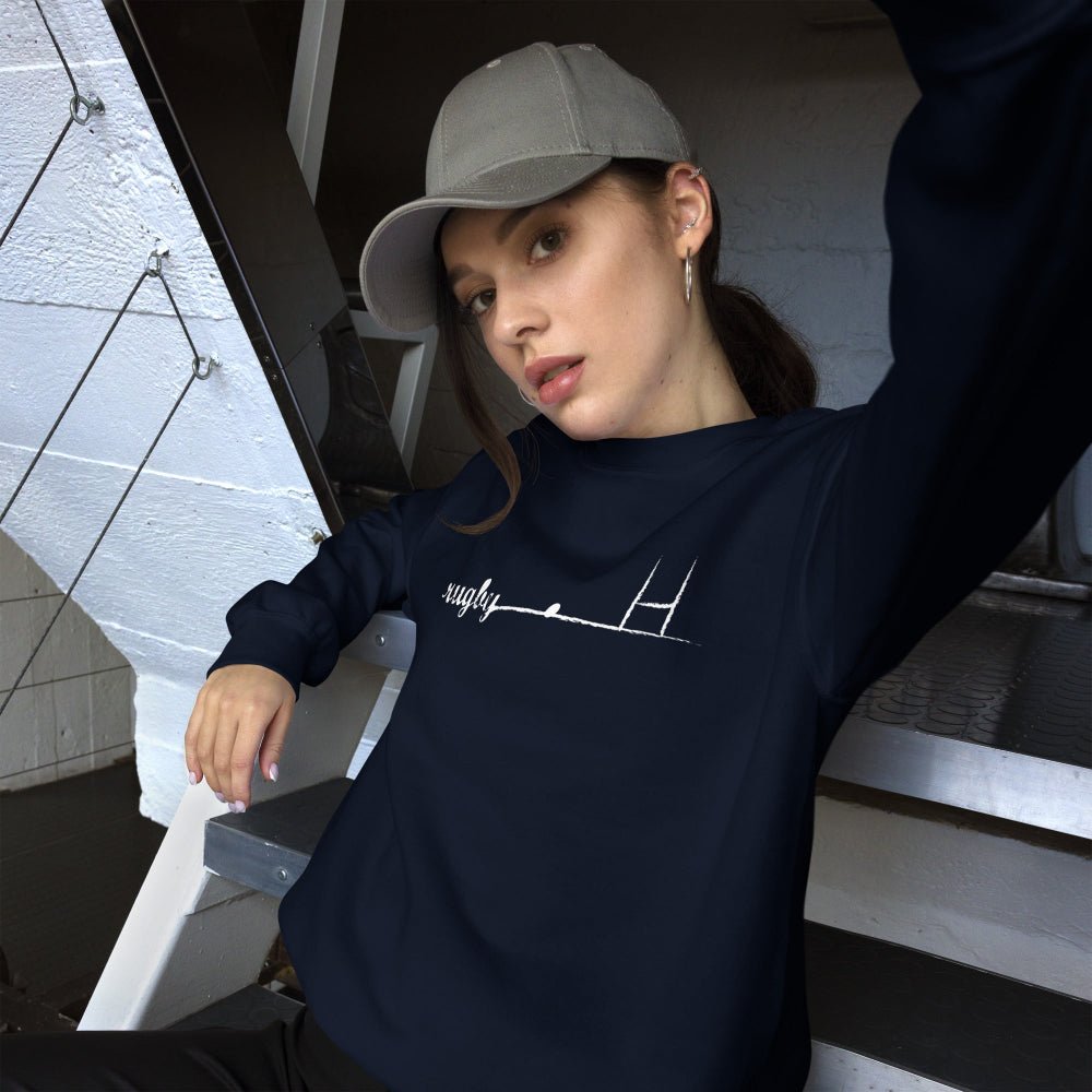 Women's navy rugby crew neck sweatshirt with minimalist goalpost line art, casual rugby girl apparel. - Rugby Girl