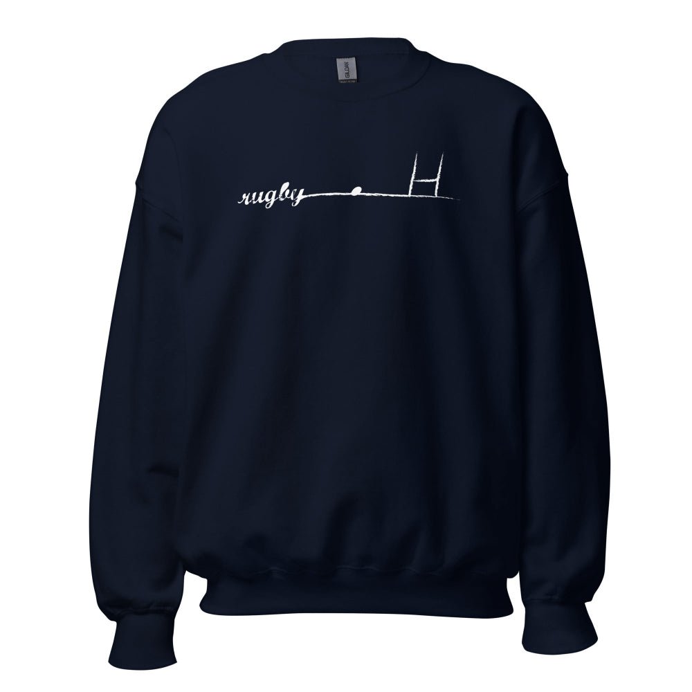 Dark navy women's rugby sweatshirt with minimalist white goalpost and script design, cozy rugby apparel ideal for rugby. - Rugby Girl
