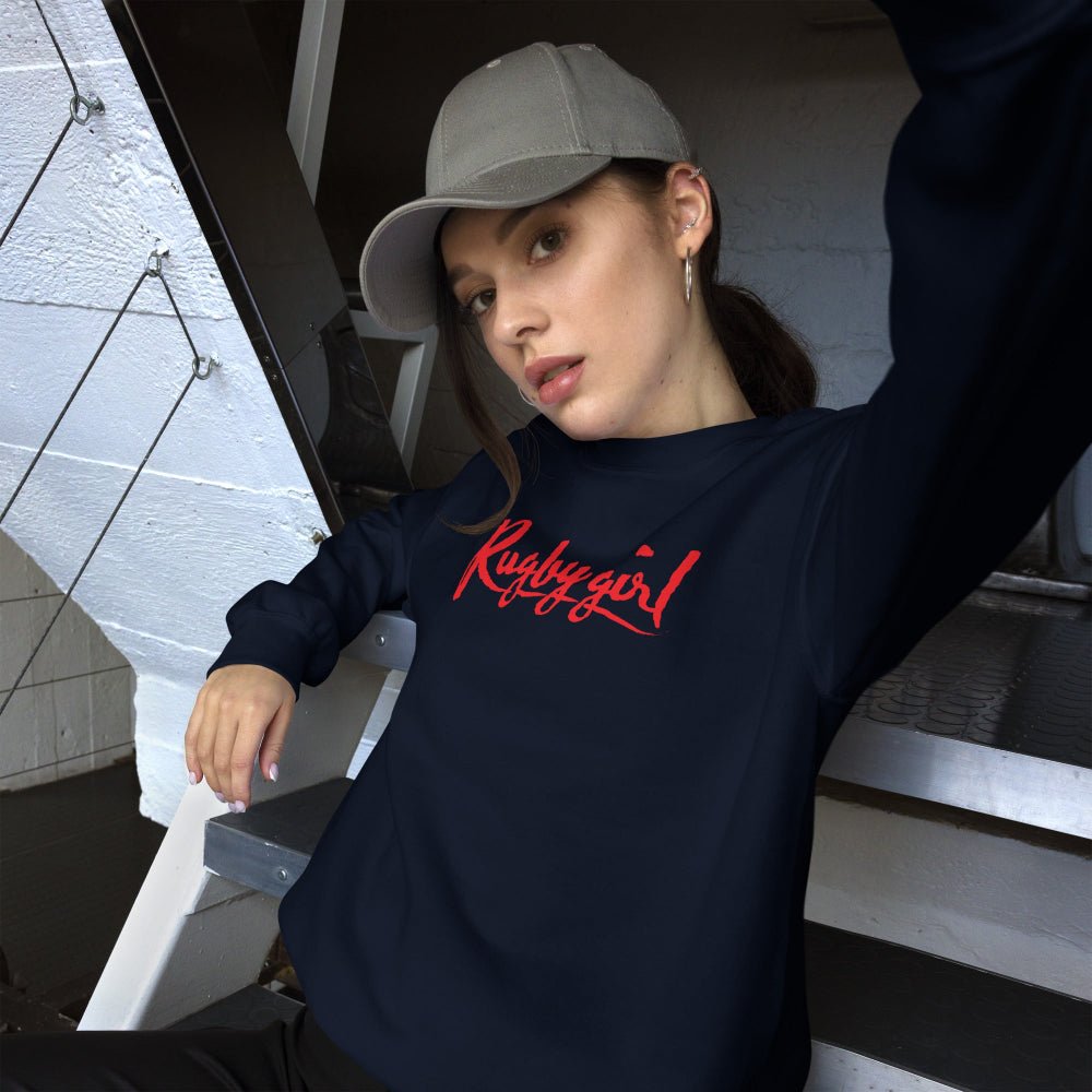 Navy women's rugby crew neck sweatshirt with bold red "Rugby girl" script, casual sporty style. - Rugby Girl