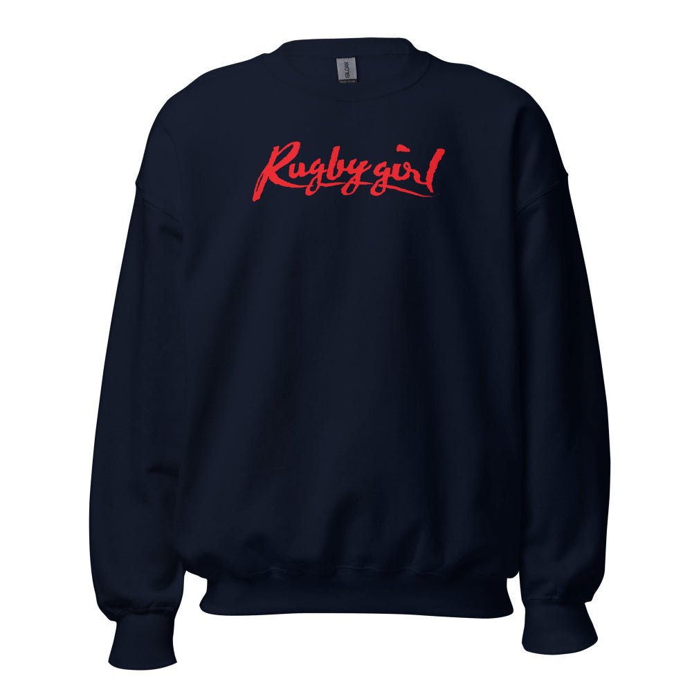 Navy women's rugby sweatshirt with bold red "Rugby girl" script, casual rugby apparel. - Rugby Girl