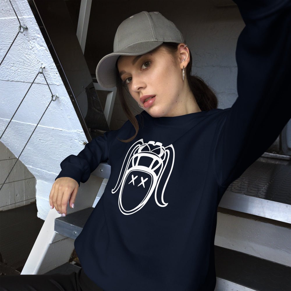 Navy women's rugby sweatshirt with bold white stylized rugby girl graphic, casual sporty fit. - Rugby Girl