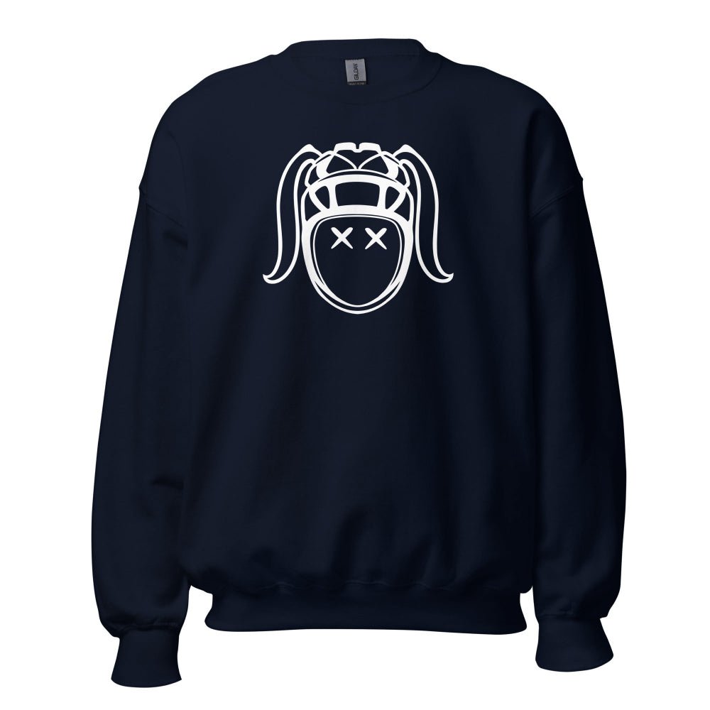 Navy sweatshirt with bold white rugby girl face graphic, women's rugby apparel for casual wear and rugby fans. - Rugby Girl