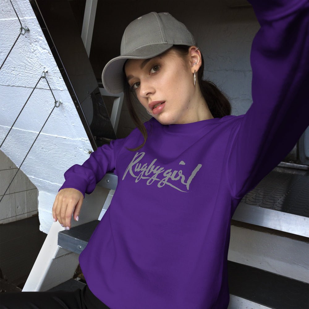 Purple women's rugby sweatshirt with "Rugby girl" script, casual leisurewear for rugby fans. - Rugby Girl
