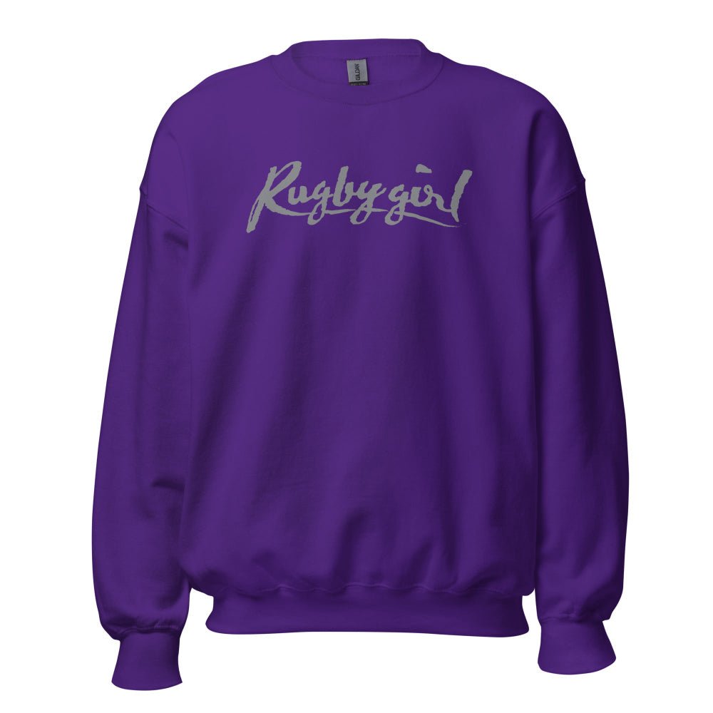 Purple women's rugby sweatshirt with silver "Rugby girl" script, cozy rugby apparel for fans and players. - Rugby Girl