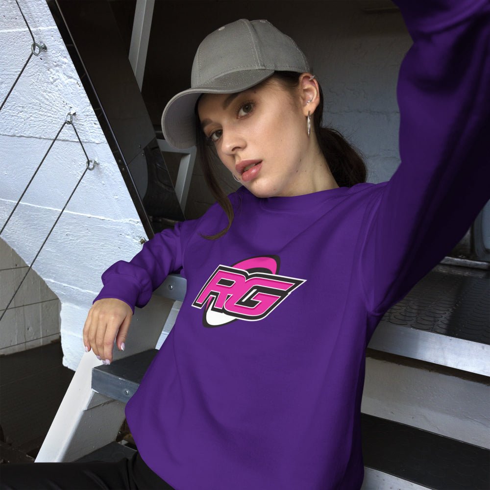 Purple women's rugby sweatshirt with bold RG logo, casual rugby apparel for rugby girls and fans. - Rugby Girl