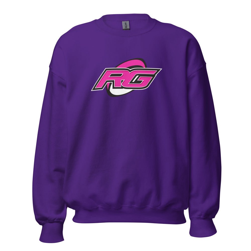 Purple women's rugby sweatshirt with bold RG Impact logo in pink and white, casual rugby apparel for rugby girls and fans. - Rugby Girl