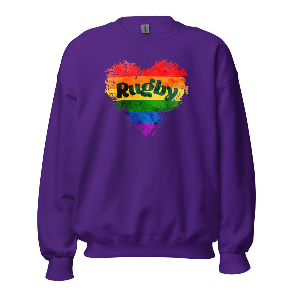 Purple women's rugby sweatshirt with rainbow heart and bold Rugby Girl Pride Love design. - Rugby Girl