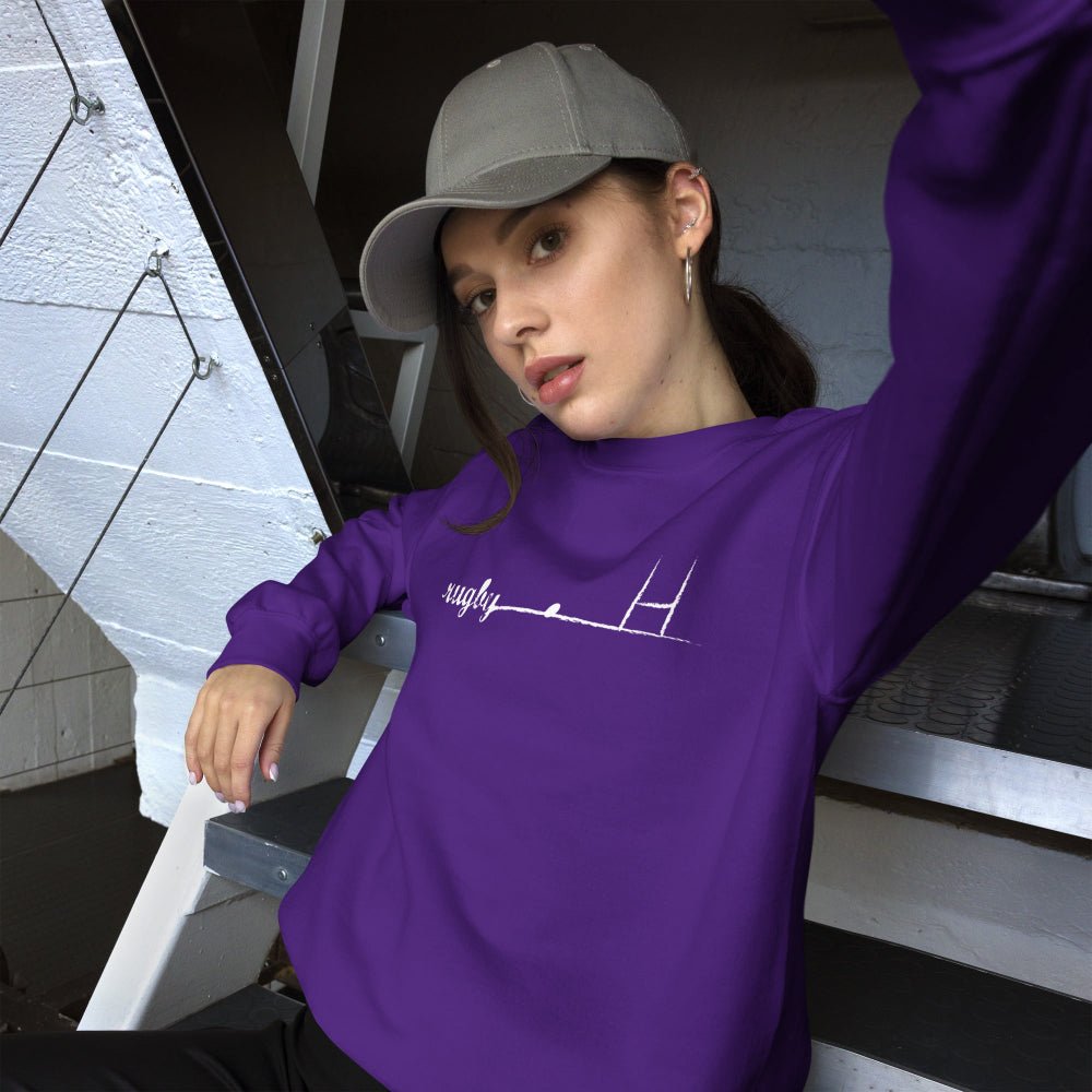 Women's purple rugby sweatshirt with bold white goalpost design, casual fit for rugby girls and fans. - Rugby Girl