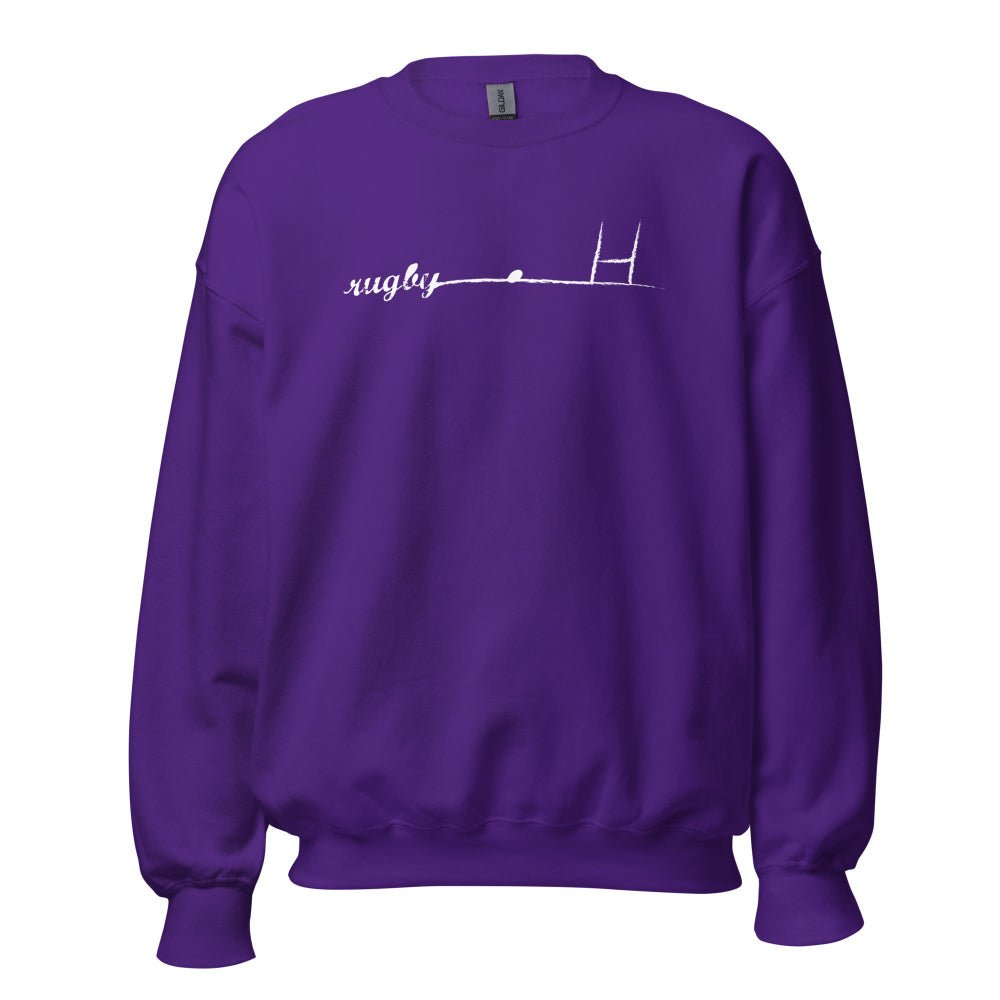 Women's rugby sweatshirt in purple with minimalist rugby goalpost and "rugby" text design, casual athletic style. - Rugby Girl