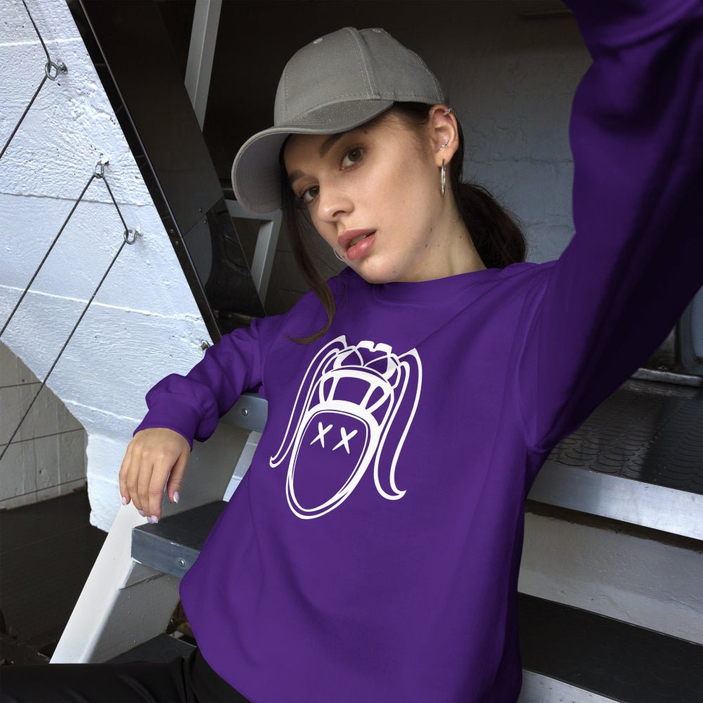 Purple women's rugby sweatshirt with bold white harlequin face graphic, casual rugby apparel style. - Rugby Girl