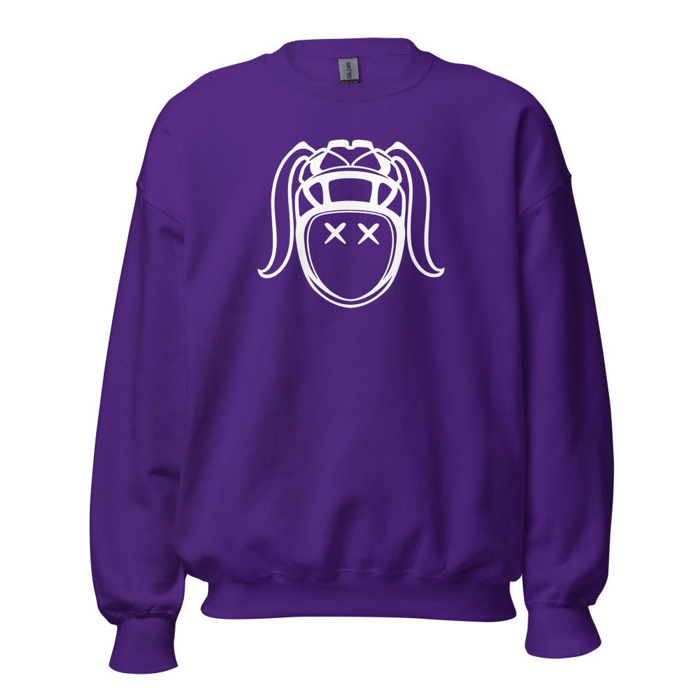 Purple women's rugby sweatshirt with bold white rugby girl harlequin graphic on front. - Rugby Girl